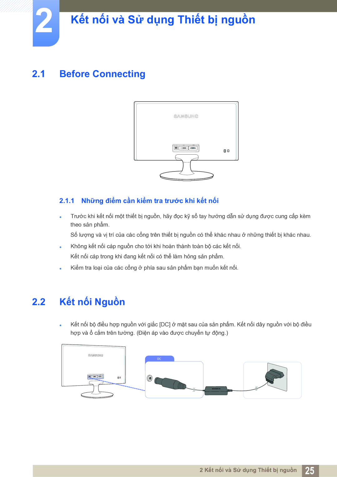 Samsung LS19B150BSMXV manual Kết nối và Sử dụng Thiết bị nguồn, Before Connecting, Kết nối Nguồn 