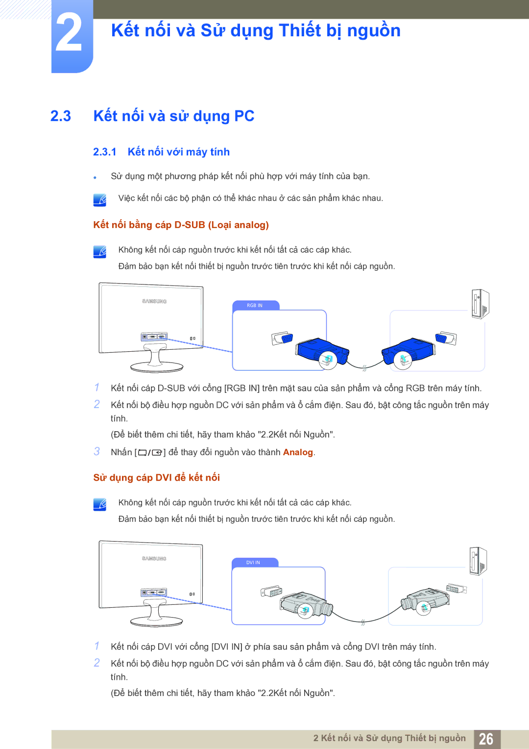 Samsung LS19B150BSMXV manual Kết nối và sử dụng PC, 1 Kết nối với máy tính 