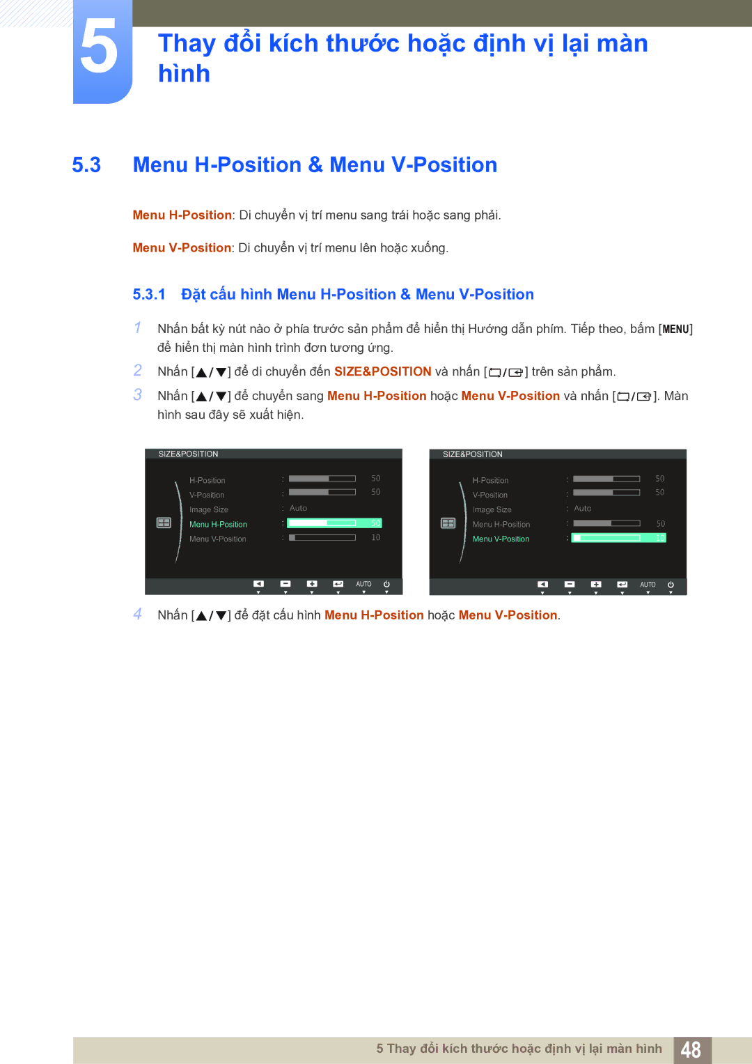 Samsung LS19B150BSMXV manual 1 Đặt cấu hình Menu H-Position & Menu V-Position 