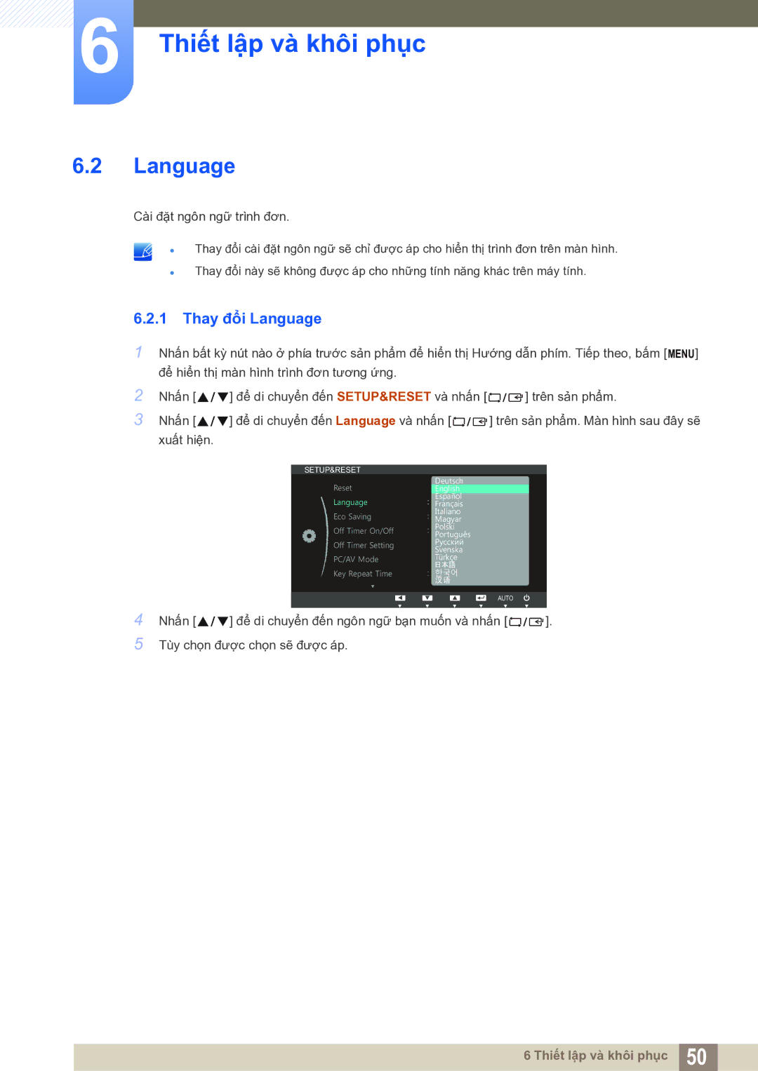 Samsung LS19B150BSMXV manual Thay đổi Language 