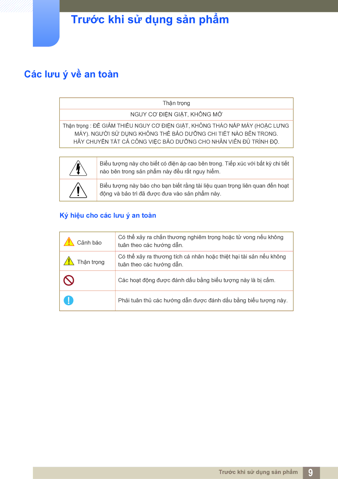 Samsung LS19B150BSMXV manual Các lưu ý về an toàn, Ký hiệu cho các lưu ý an toàn 