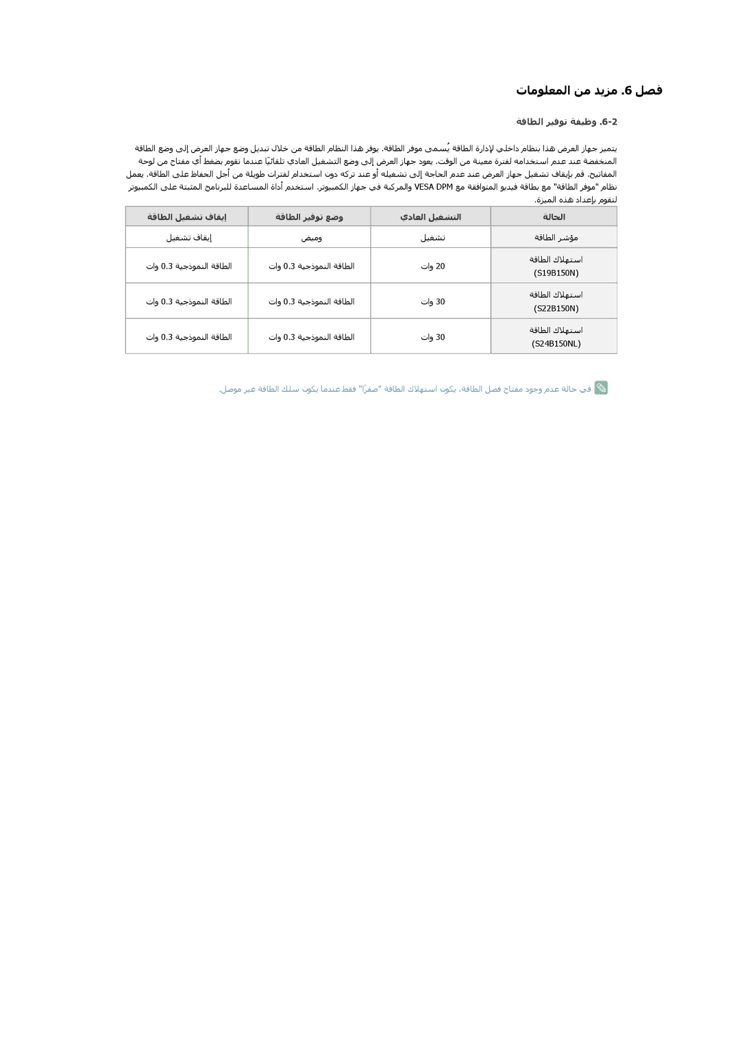 Samsung LS19B150NS/ZR, LS19B150NS/ZN manual ﺔﻗﺎﻄﻟا ﺮﻴﻓﻮﺗ ﺔﻔﻴﻇو, ﺔﻗﺎﻄﻟا ﻞﻴﻐﺸﺗ فﺎﻘﻳإ ﺔﻗﺎﻄﻟا ﺮﻴﻓﻮﺗ ﻊﺿو يدﺎﻌﻟا ﻞﻴﻐﺸﺘﻟا ﺔﻟﺎﺤﻟا 