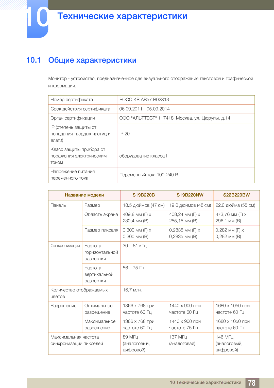 Samsung LS19B220BS/CI manual 10 Технические характеристики, 10.1 Общие характеристики 