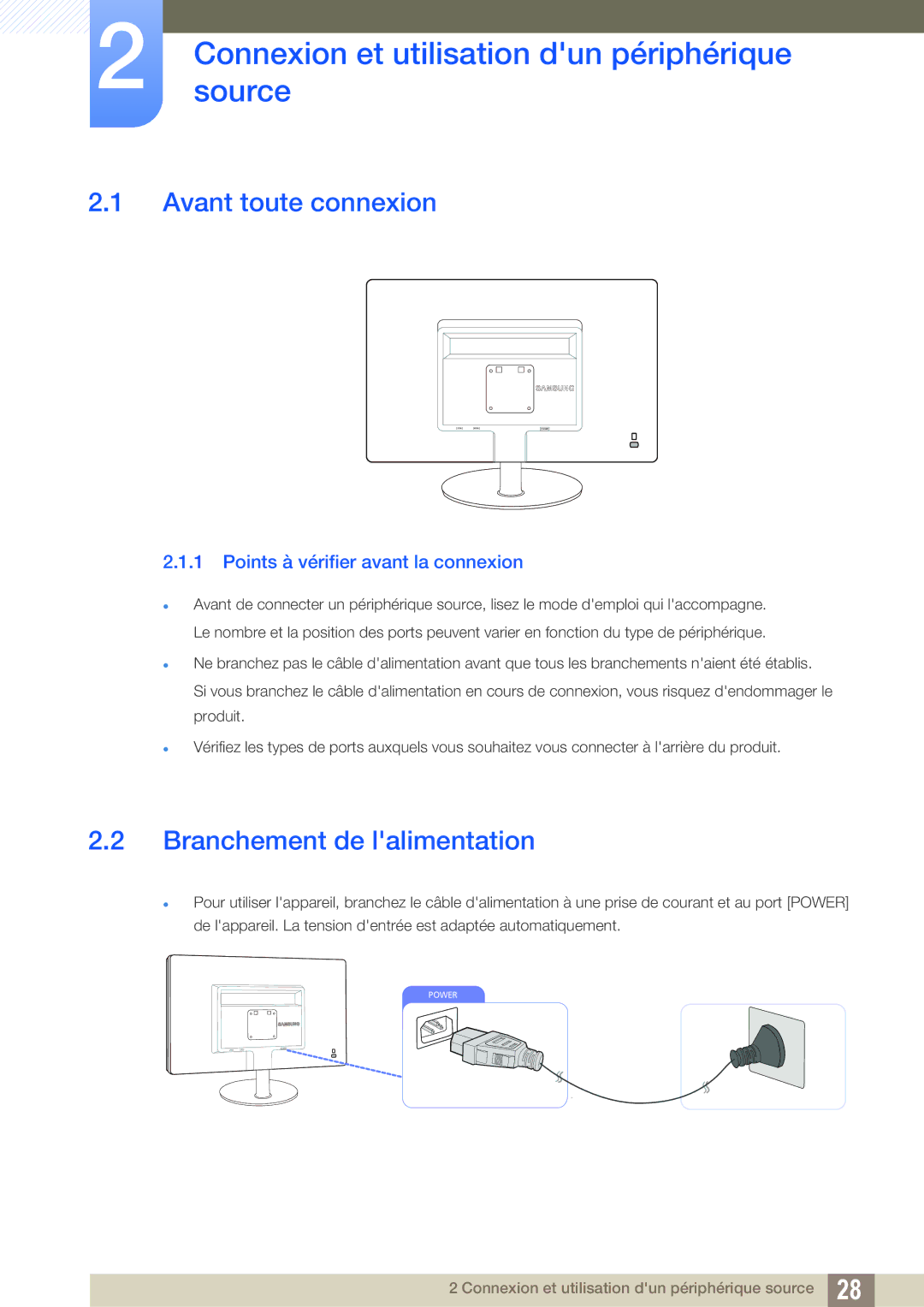 Samsung LS19B220NW/EN Connexionsource et utilisation dun périphérique, Avant toute connexion, Branchement de lalimentation 