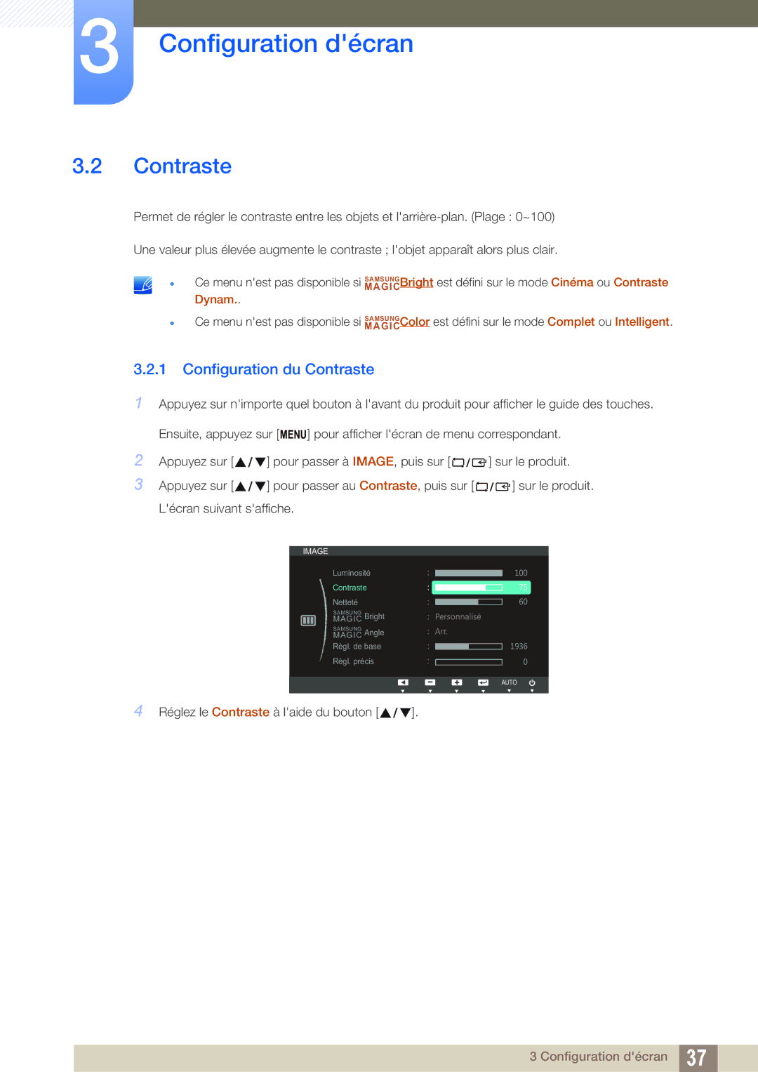 Samsung LS22B220BW/EN, LS19B220NW/EN manual Configuration du Contraste 