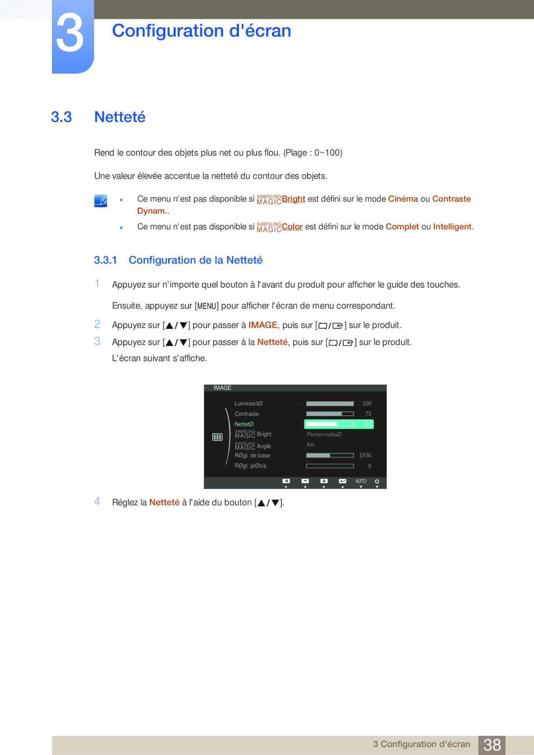 Samsung LS19B220NW/EN, LS22B220BW/EN manual Configuration de la Netteté 