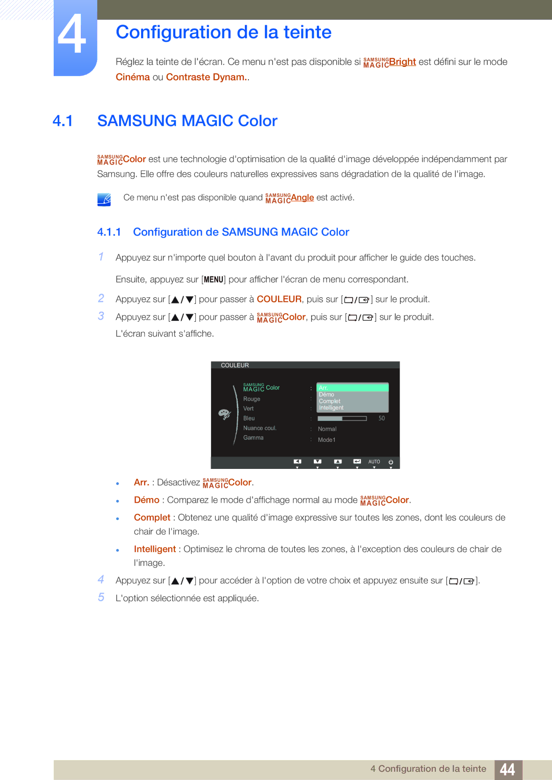 Samsung LS19B220NW/EN, LS22B220BW/EN manual Configuration de la teinte, Configuration de Samsung Magic Color 