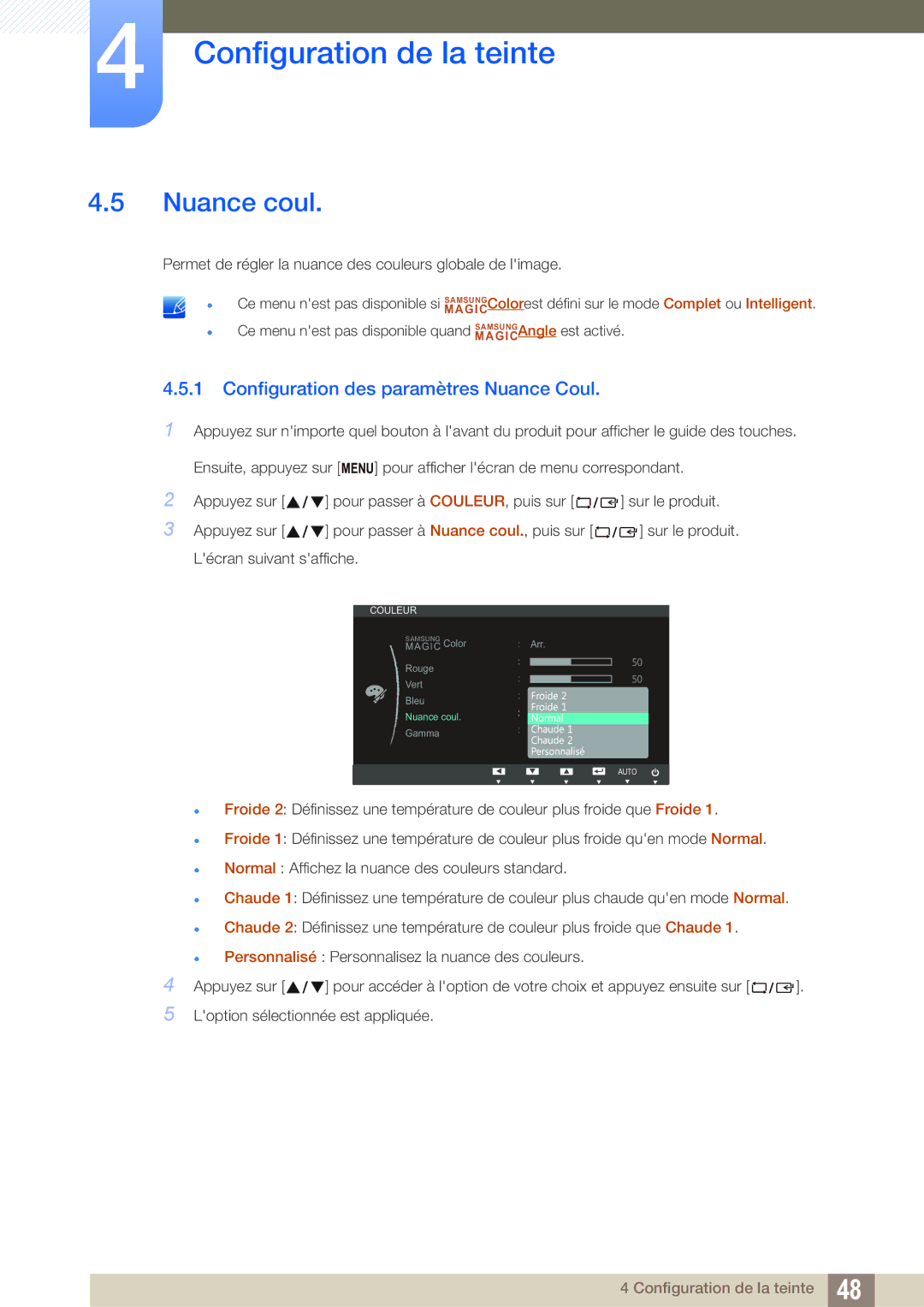 Samsung LS19B220NW/EN, LS22B220BW/EN manual Nuance coul, Configuration des paramètres Nuance Coul 