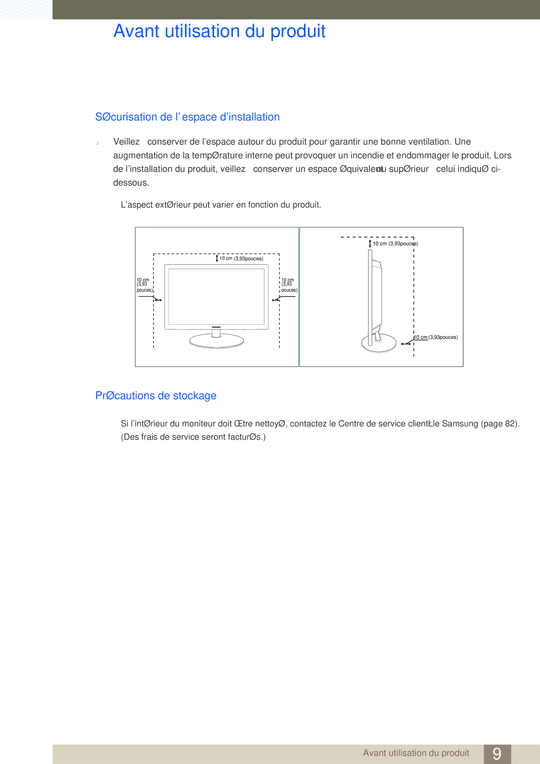 Samsung LS22B220BW/EN, LS19B220NW/EN manual Sécurisation de lespace dinstallation, Précautions de stockage 