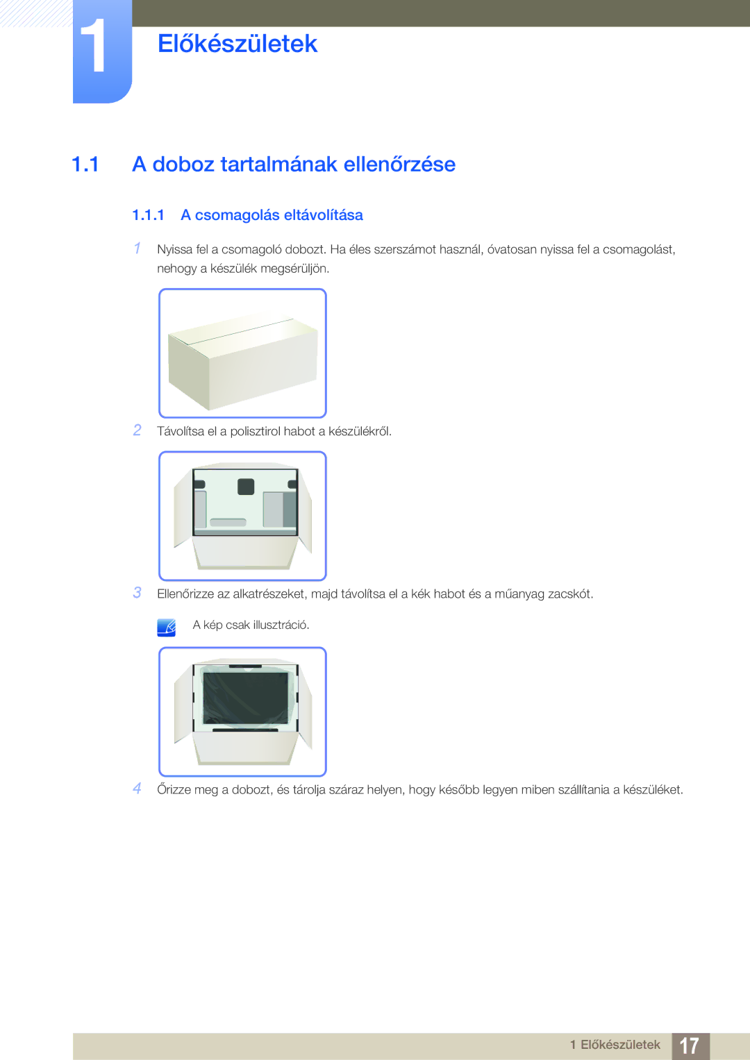 Samsung LS19B220NW/EN manual Előkészületek, Doboz tartalmának ellenőrzése, Csomagolás eltávolítása 