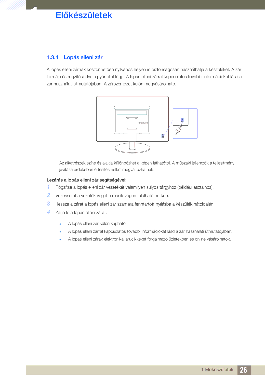 Samsung LS19B220NW/EN manual 4 Lopás elleni zár 