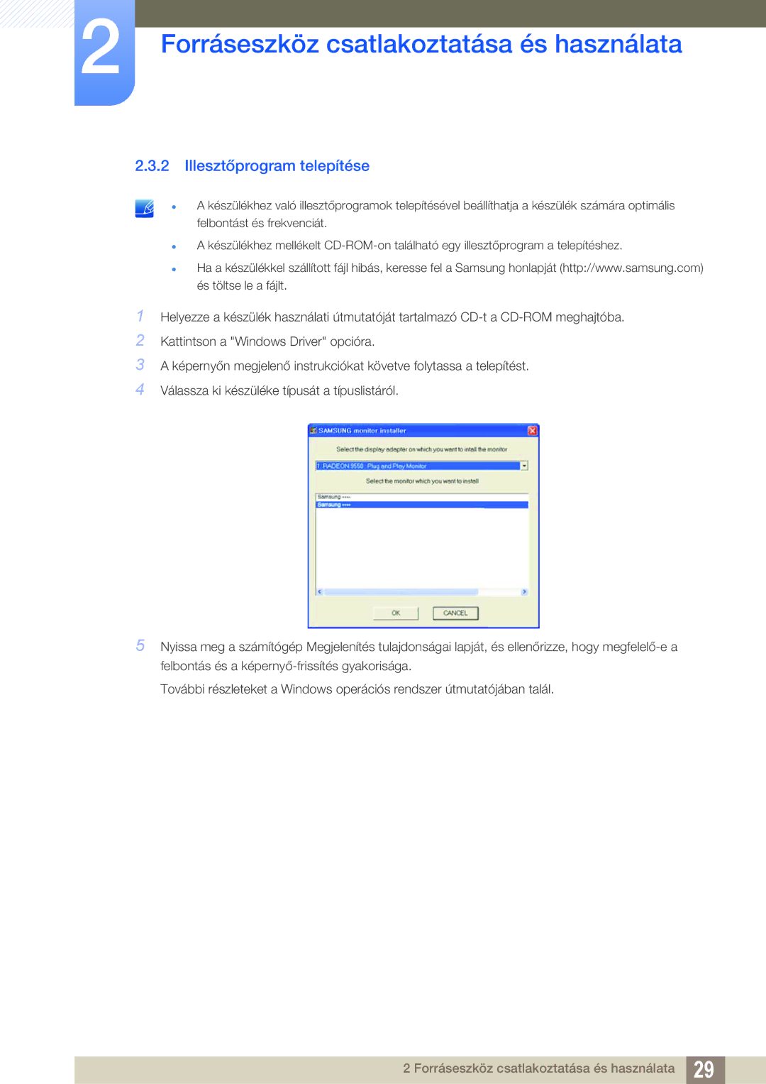 Samsung LS19B220NW/EN manual Illesztőprogram telepítése 