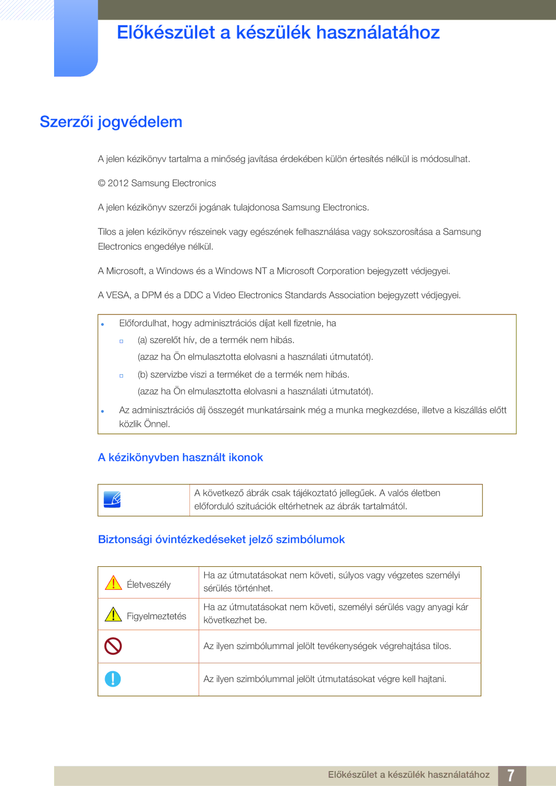 Samsung LS19B220NW/EN manual Előkészület a készülék használatához, Szerzői jogvédelem, Kézikönyvben használt ikonok 