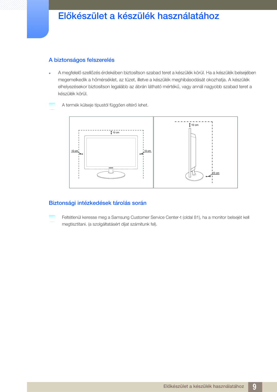 Samsung LS19B220NW/EN manual Biztonságos felszerelés, Biztonsági intézkedések tárolás során 