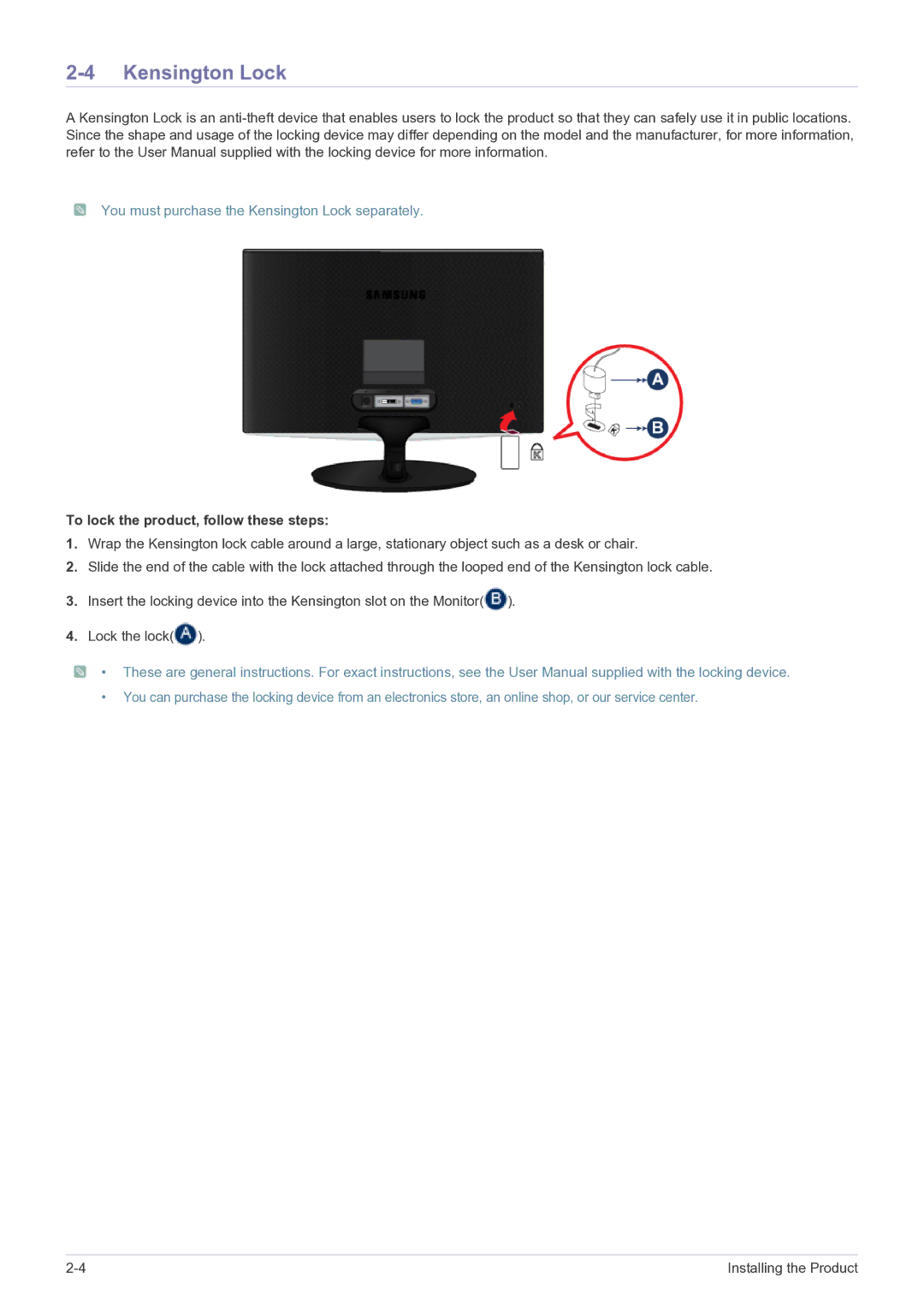 Samsung LS19B310BSMXV manual You must purchase the Kensington Lock separately, To lock the product, follow these steps 