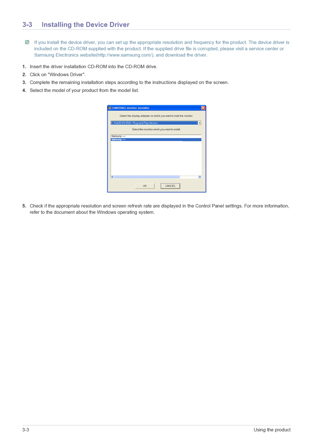 Samsung LS19B310BSMXV, LS22B310BSMXV manual Installing the Device Driver 