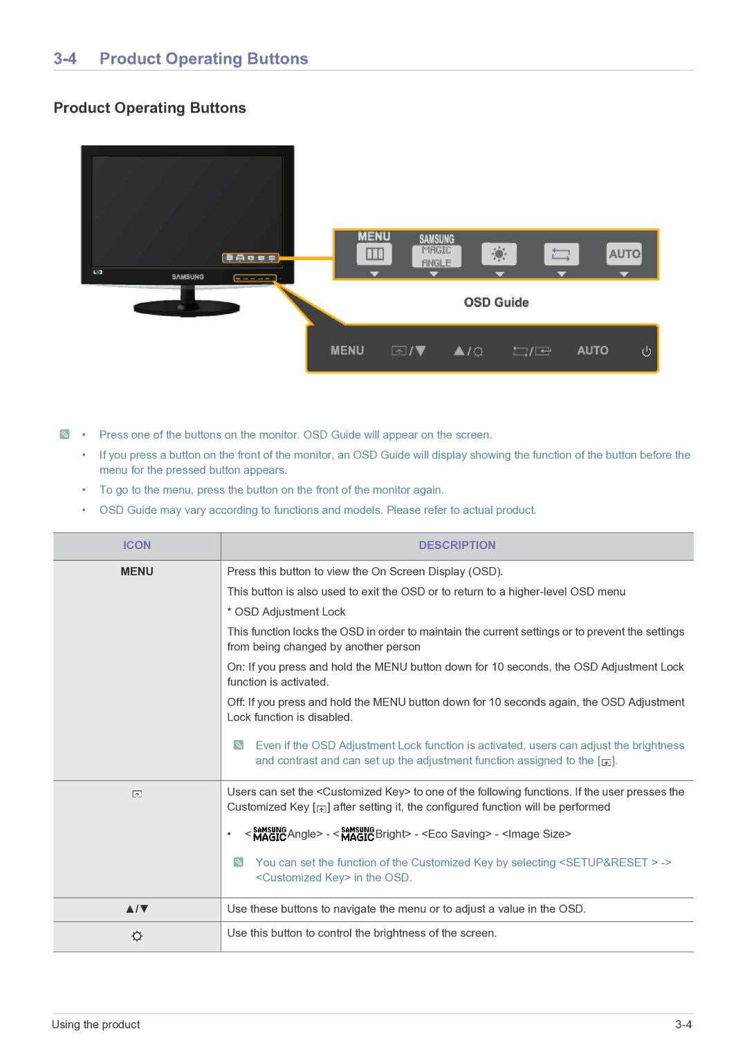 Samsung LS22B310BSMXV, LS19B310BSMXV manual Product Operating Buttons, Icon Description 