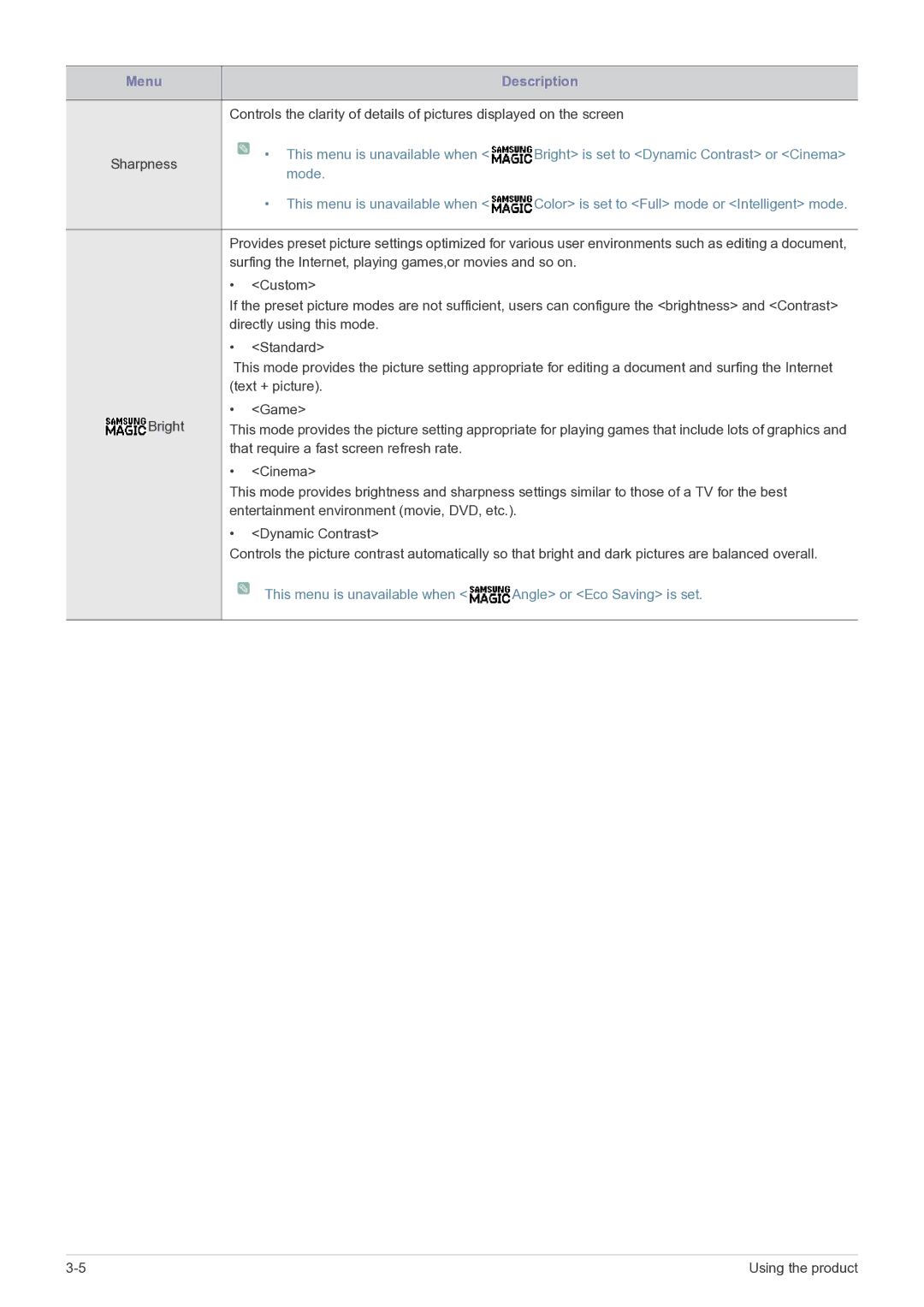 Samsung LS19B310BSMXV, LS22B310BSMXV manual This menu is unavailable when Angle or Eco Saving is set 