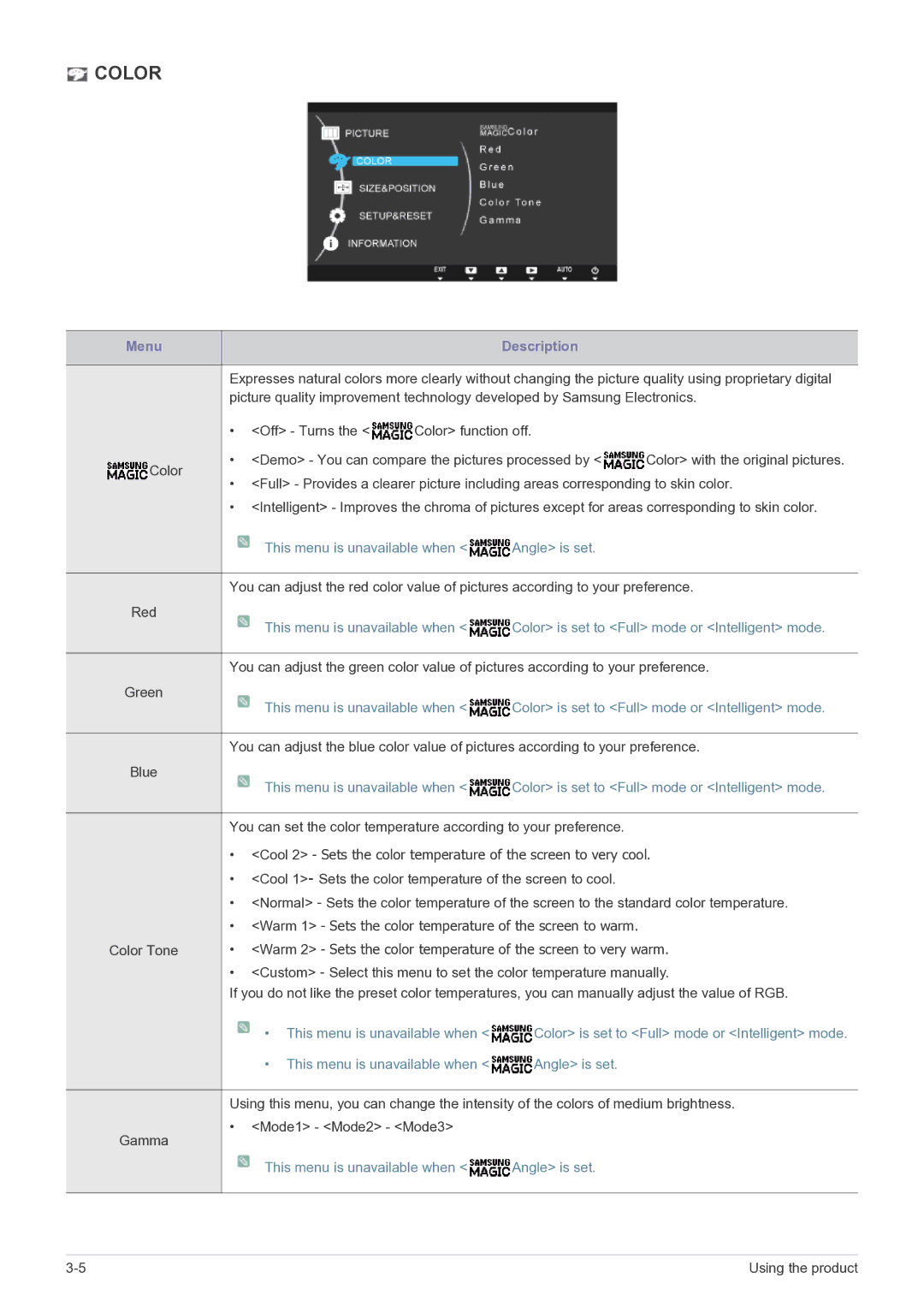 Samsung LS19B310BSMXV, LS22B310BSMXV manual Color, This menu is unavailable when Angle is set 