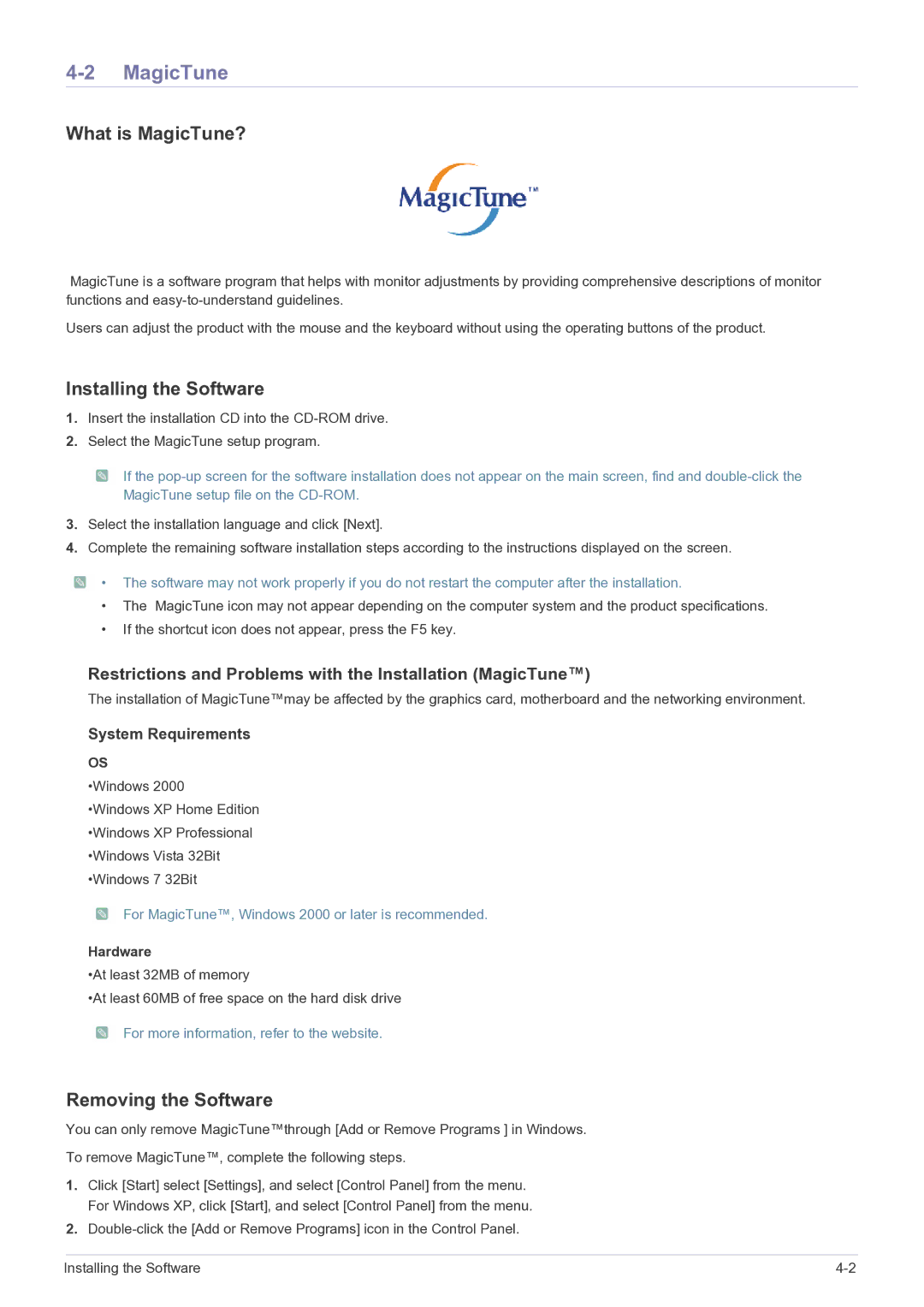 Samsung LS22B310BSMXV, LS19B310BSMXV manual What is MagicTune?, Installing the Software, Removing the Software, Hardware 