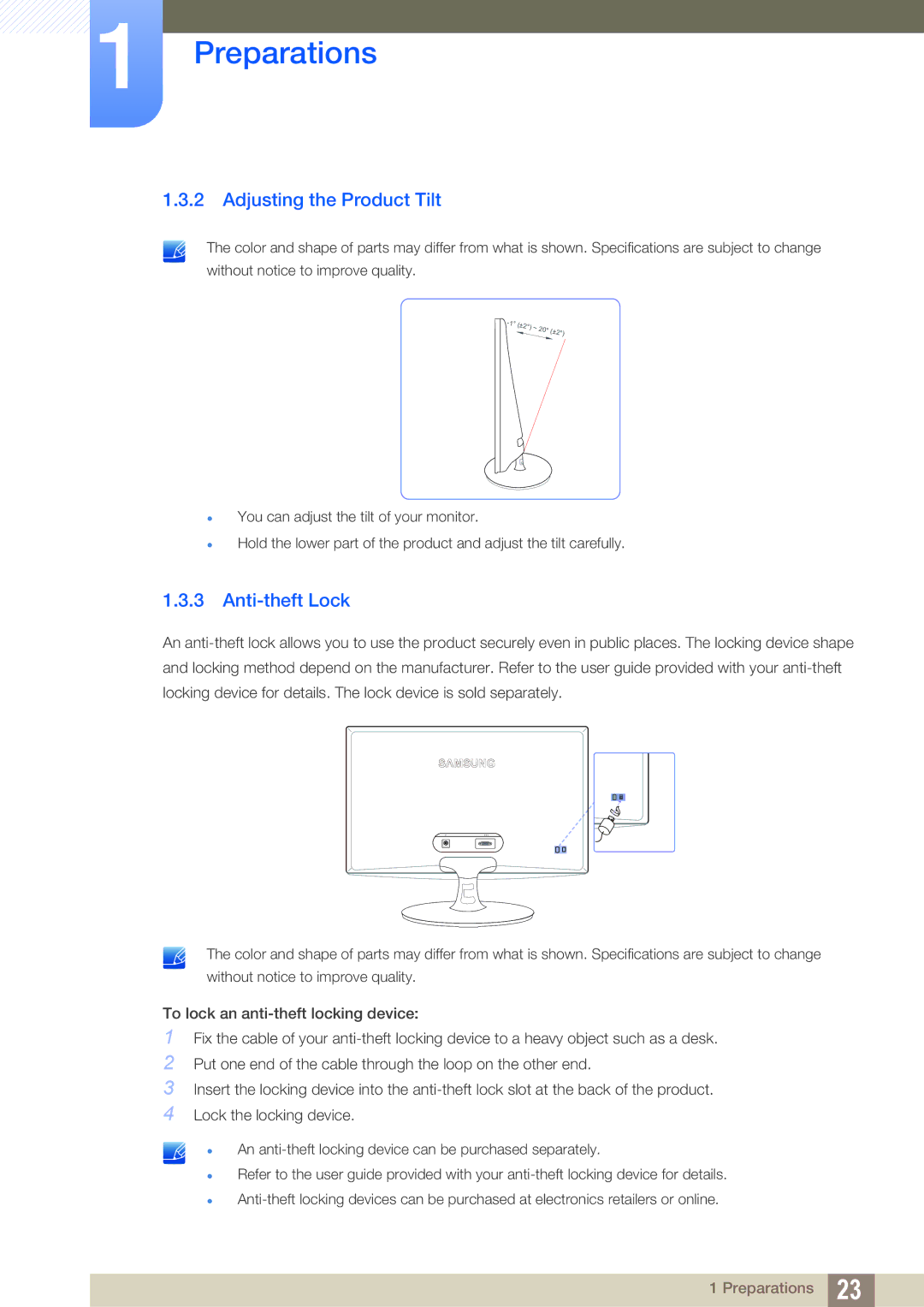 Samsung LS19B310ES/SM, LS19B310ES/ZN, LS19B310ES/AF manual Adjusting the Product Tilt, Anti-theft Lock 