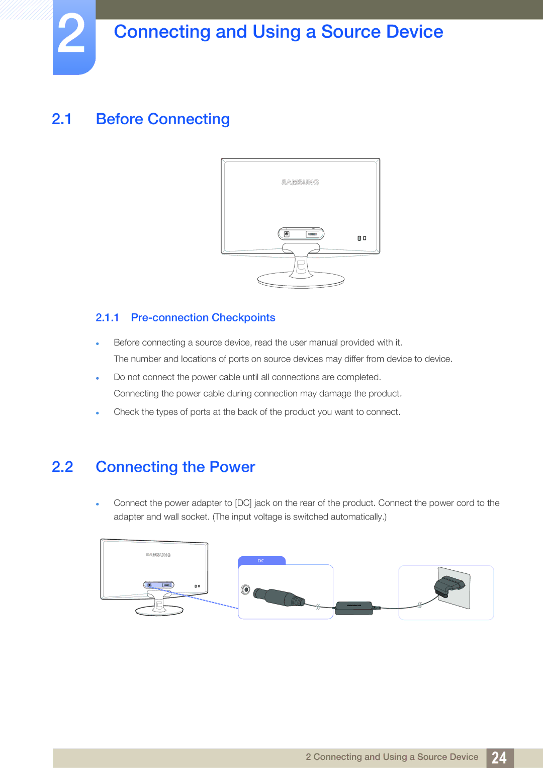 Samsung LS19B310ES/ZN, LS19B310ES/AF manual Connecting and Using a Source Device, Before Connecting, Connecting the Power 