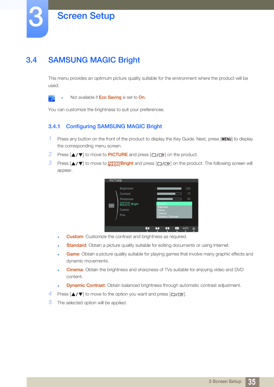 Samsung LS19B310ES/SM, LS19B310ES/ZN, LS19B310ES/AF manual Configuring Samsung Magic Bright 