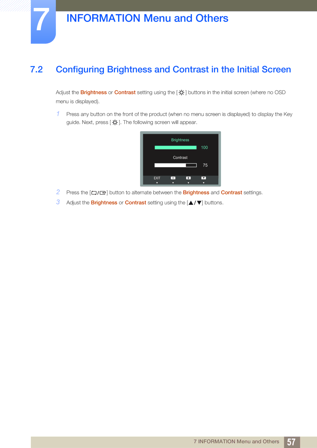 Samsung LS19B310ES/ZN, LS19B310ES/AF, LS19B310ES/SM manual Configuring Brightness and Contrast in the Initial Screen 