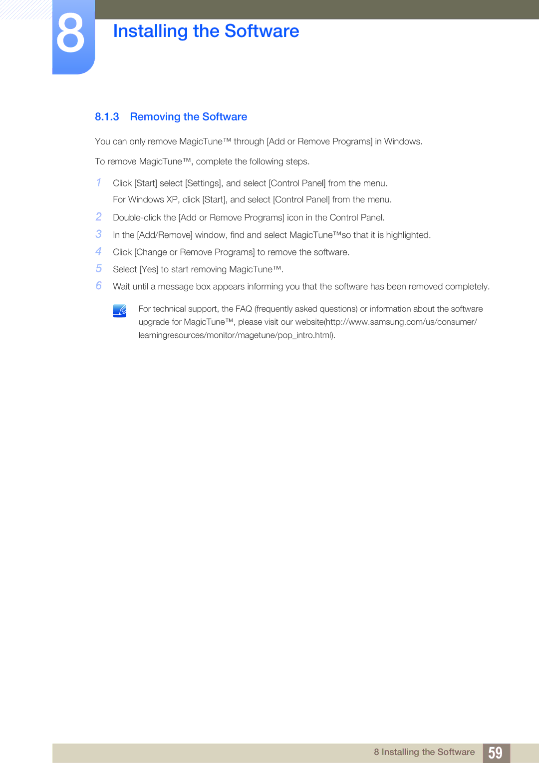 Samsung LS19B310ES/SM, LS19B310ES/ZN, LS19B310ES/AF manual Removing the Software 