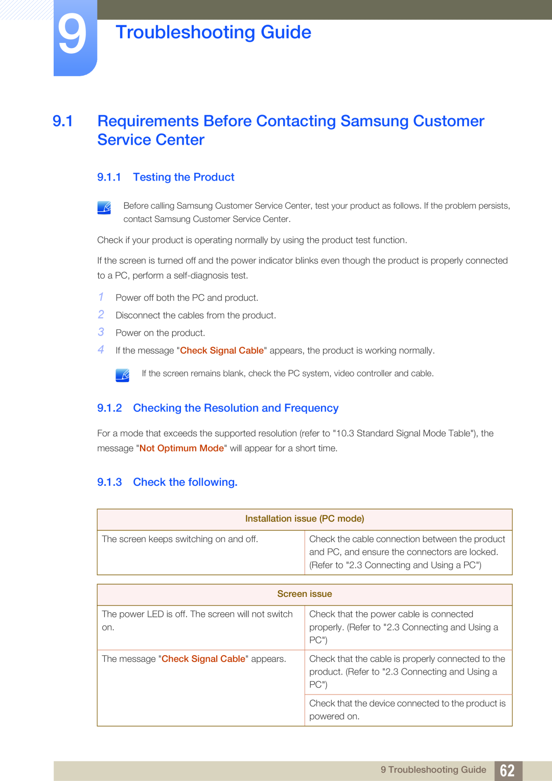 Samsung LS19B310ES/SM Troubleshooting Guide, Requirements Before Contacting Samsung Customer Service Center, Screen issue 