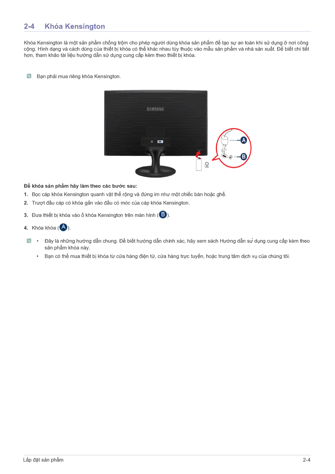 Samsung LS19B150NSMXV, LS19B350BS/ZN, LS22B150NS/XF manual Khóa Kensington, Để khóa sản phẩm hãy làm theo các bước sau 