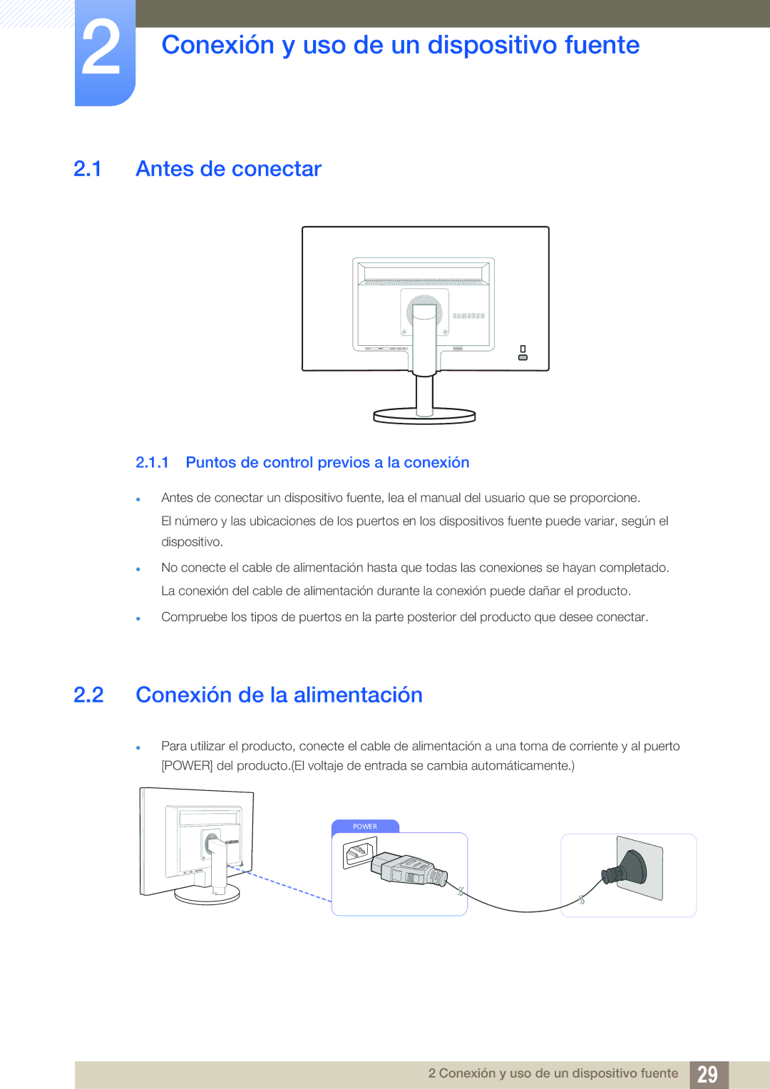 Samsung LS24B420BW/EN manual Conexión y uso de un dispositivo fuente, Antes de conectar, Conexión de la alimentación 