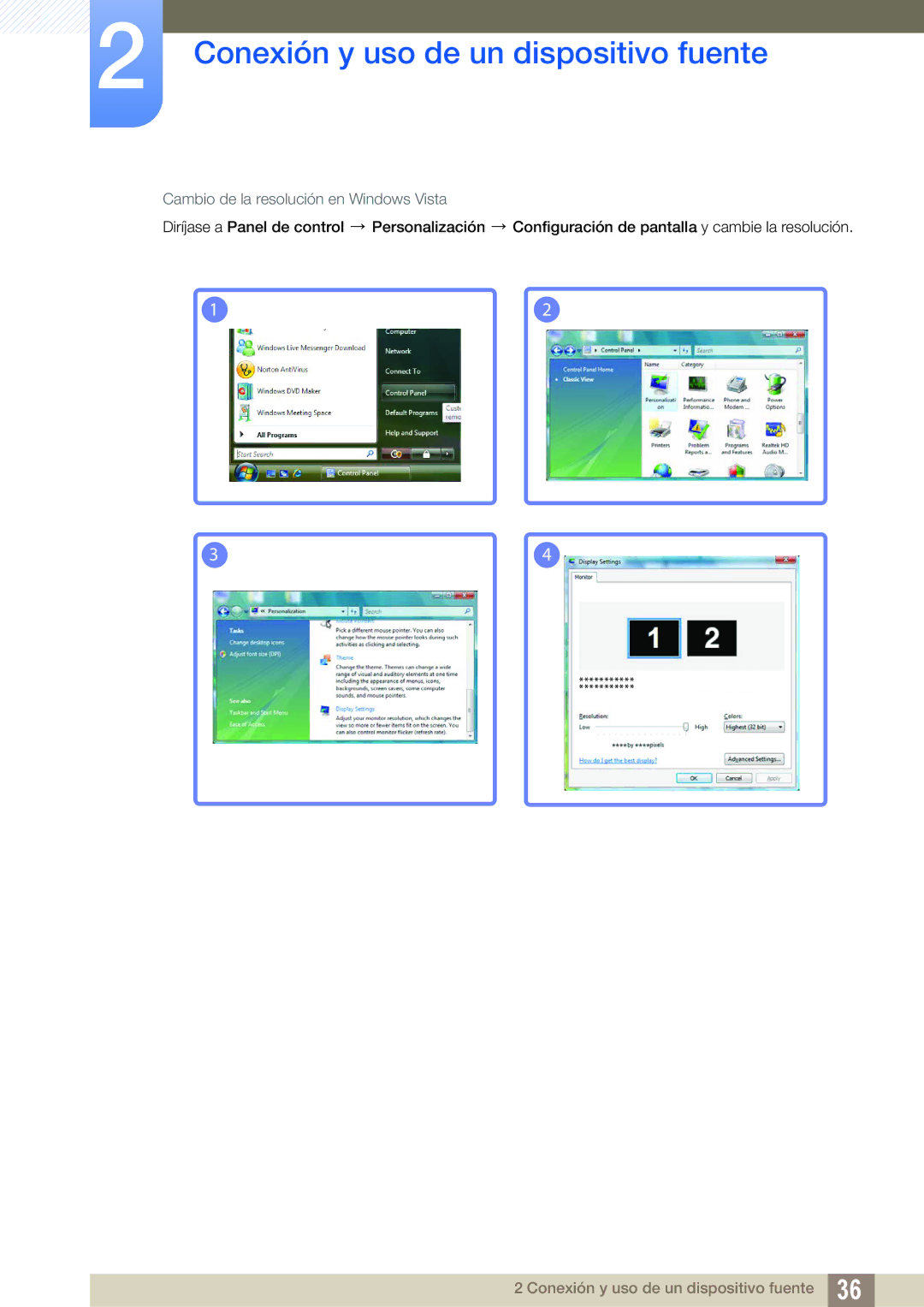 Samsung LS19B420BW/EN, LS22B420BW/EN, LS24B420BW/EN manual Cambio de la resolución en Windows Vista 