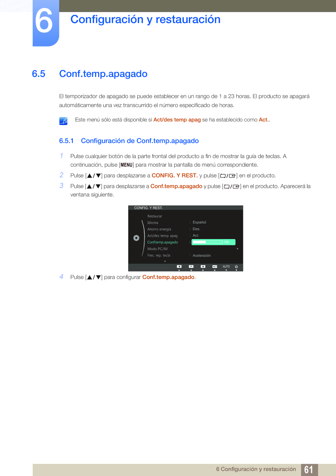 Samsung LS22B420BW/EN, LS19B420BW/EN, LS24B420BW/EN manual Configuración de Conf.temp.apagado 