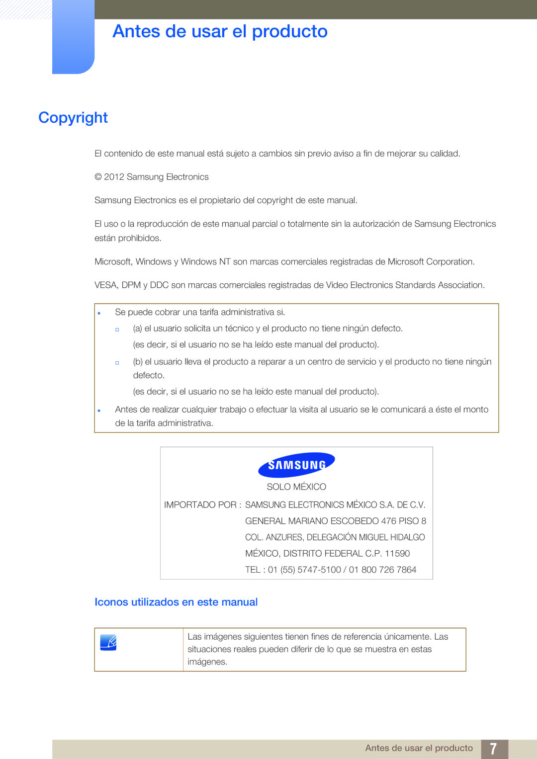 Samsung LS22B420BW/EN, LS19B420BW/EN, LS24B420BW/EN Antes de usar el producto, Copyright, Iconos utilizados en este manual 