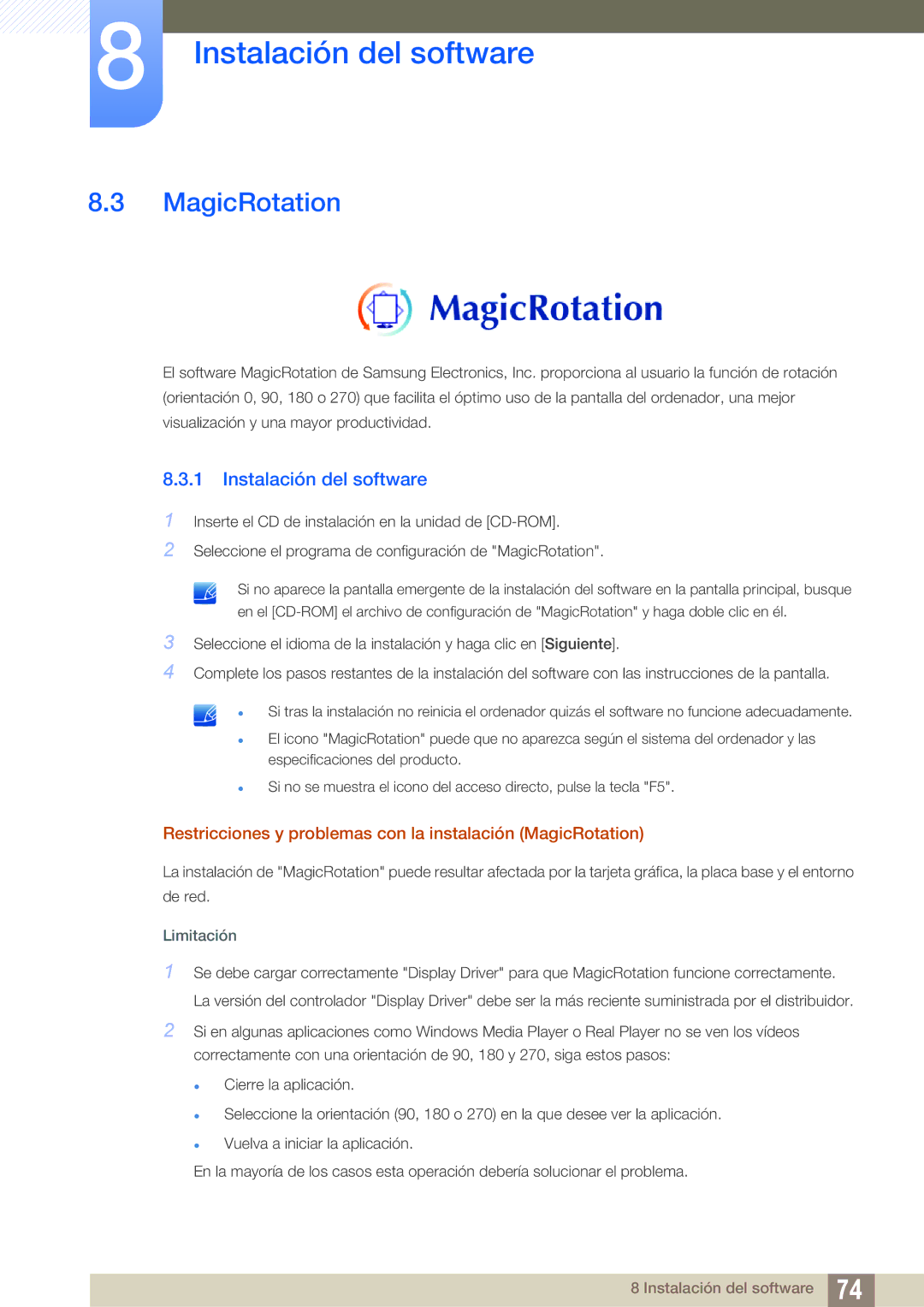 Samsung LS24B420BW/EN, LS19B420BW/EN, LS22B420BW/EN manual Restricciones y problemas con la instalación MagicRotation 