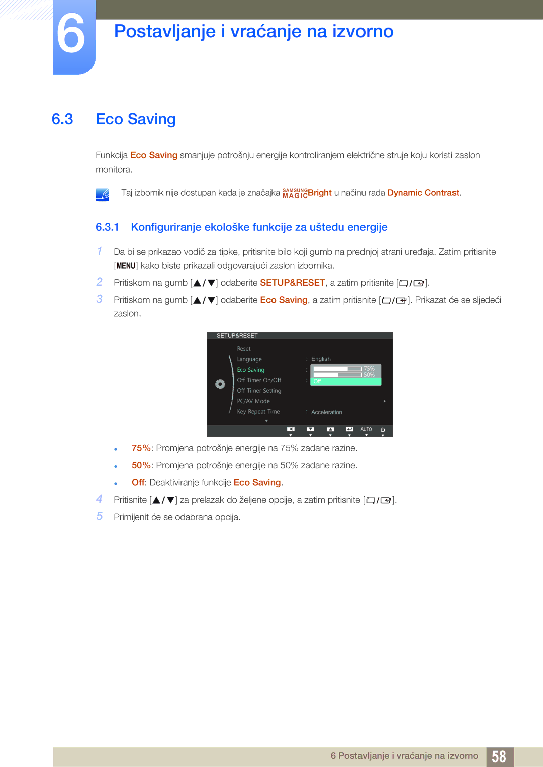 Samsung LS19B420BWV/EN, LS22B420BW/EN manual Eco Saving, Konfiguriranje ekološke funkcije za uštedu energije 