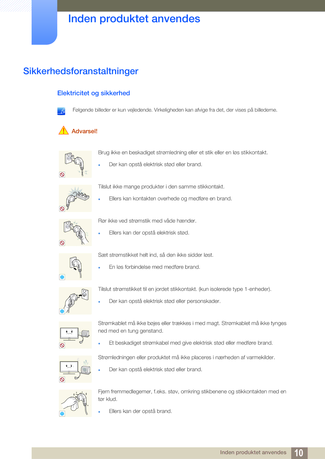 Samsung LS24B420BWV/EN, LS19B420BWV/EN, LS22B420BWV/EN manual Sikkerhedsforanstaltninger, Elektricitet og sikkerhed 