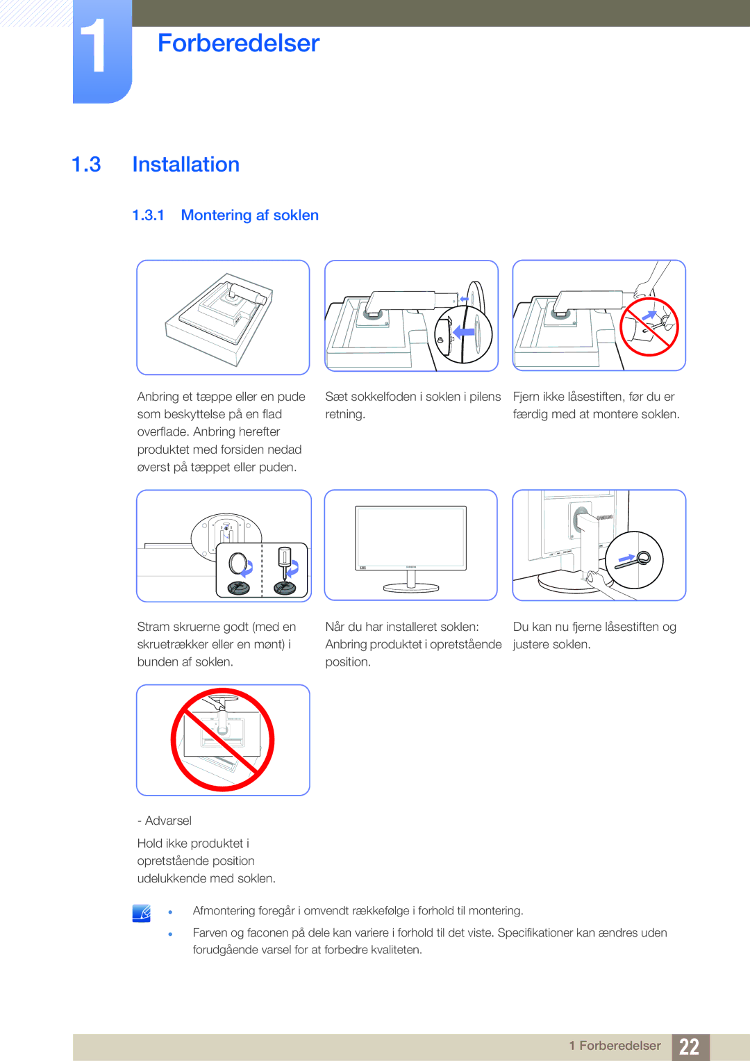 Samsung LS24B420BWV/EN, LS19B420BWV/EN, LS22B420BWV/EN manual Installation, Montering af soklen 