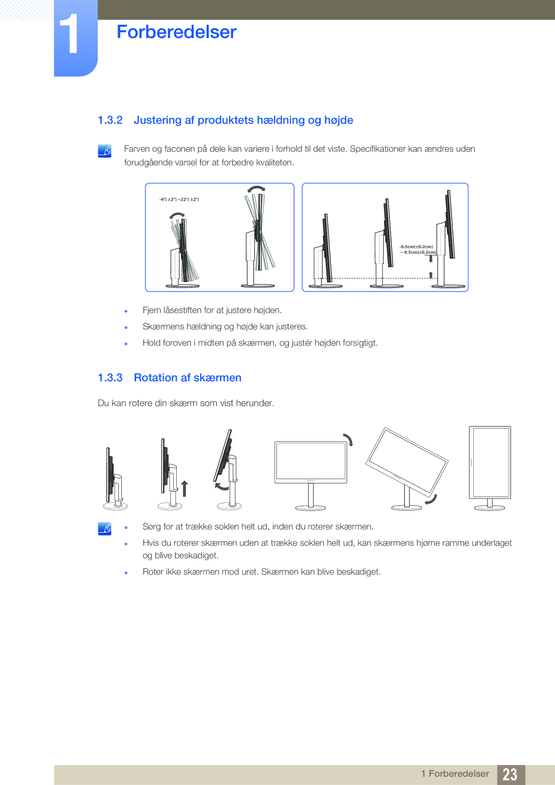 Samsung LS22B420BWV/EN, LS19B420BWV/EN, LS24B420BWV/EN manual Justering af produktets hældning og højde, Rotation af skærmen 