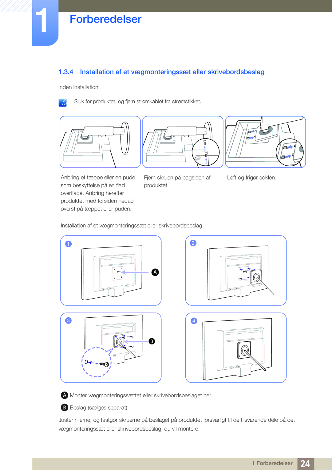 Samsung LS19B420BWV/EN, LS24B420BWV/EN, LS22B420BWV/EN manual Installation af et vægmonteringssæt eller skrivebordsbeslag 