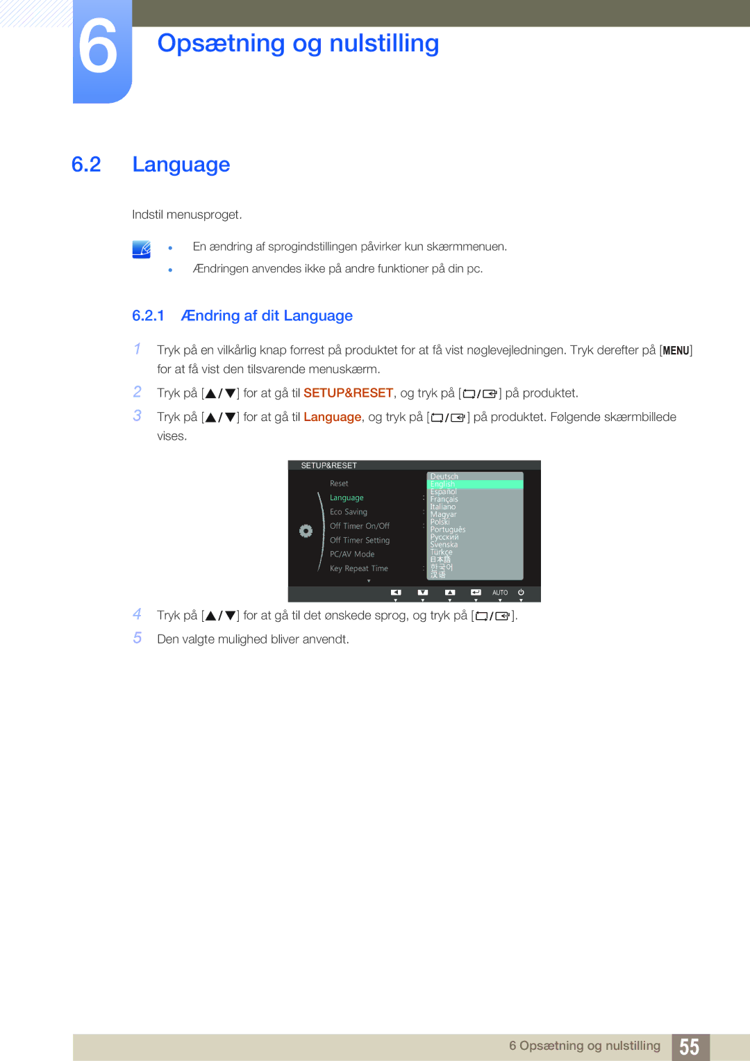 Samsung LS24B420BWV/EN, LS19B420BWV/EN, LS22B420BWV/EN manual 1 Ændring af dit Language 