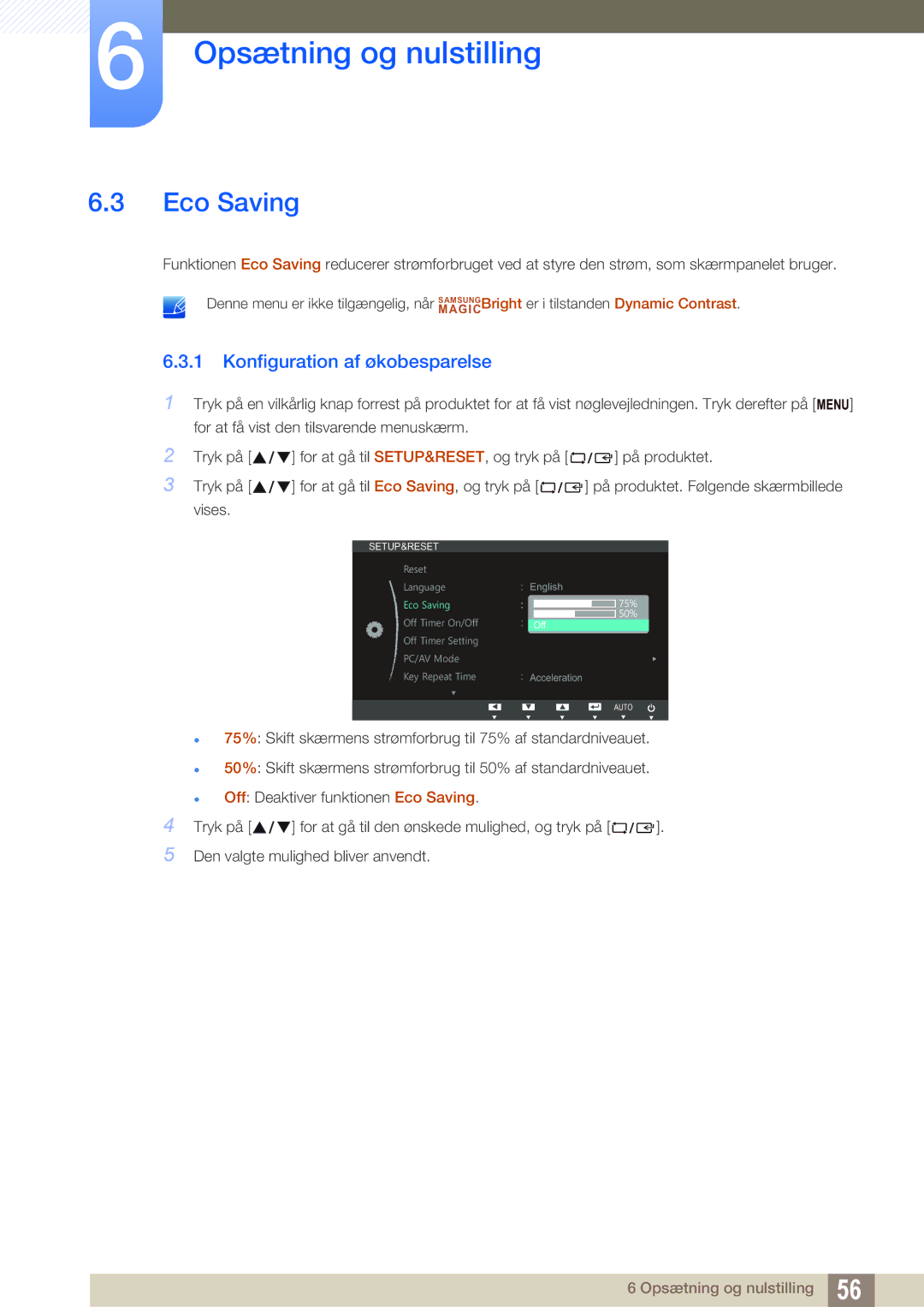 Samsung LS22B420BWV/EN, LS19B420BWV/EN, LS24B420BWV/EN manual Eco Saving, Konfiguration af økobesparelse 