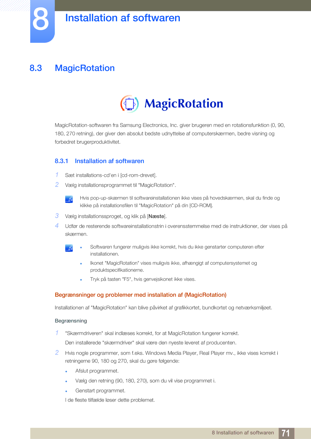 Samsung LS22B420BWV/EN, LS19B420BWV/EN, LS24B420BWV/EN manual MagicRotation, Begrænsning 