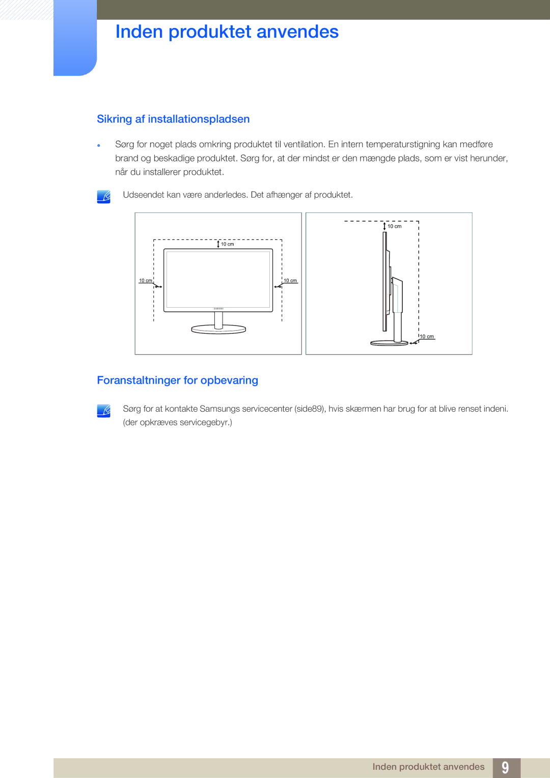 Samsung LS19B420BWV/EN, LS24B420BWV/EN, LS22B420BWV/EN Sikring af installationspladsen, Foranstaltninger for opbevaring 