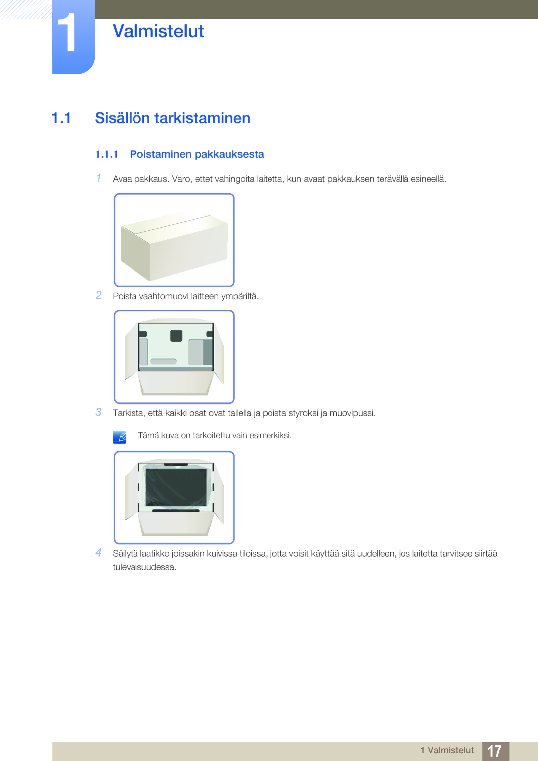 Samsung LS22B420BWV/EN, LS19B420BWV/EN, LS24B420BWV/EN manual Valmistelut, Sisällön tarkistaminen, Poistaminen pakkauksesta 