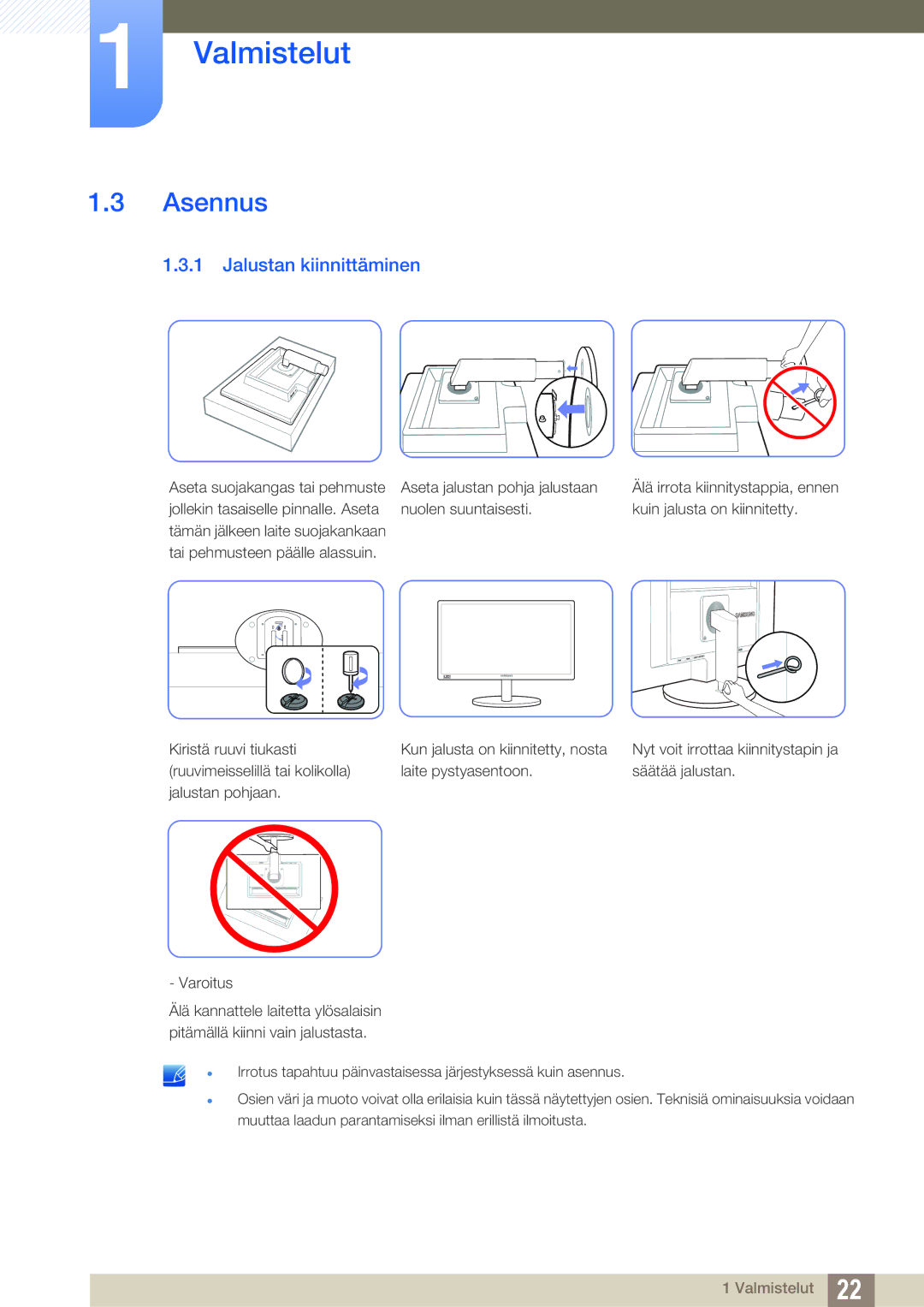 Samsung LS24B420BWV/EN, LS19B420BWV/EN, LS22B420BWV/EN manual Asennus, Jalustan kiinnittäminen 