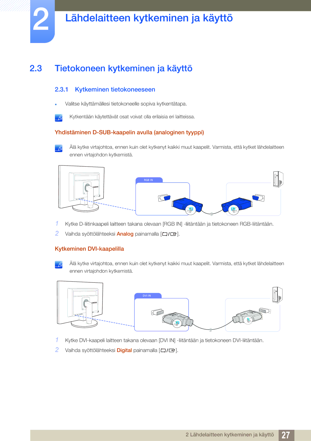 Samsung LS19B420BWV/EN, LS24B420BWV/EN, LS22B420BWV/EN manual Tietokoneen kytkeminen ja käyttö, Kytkeminen tietokoneeseen 