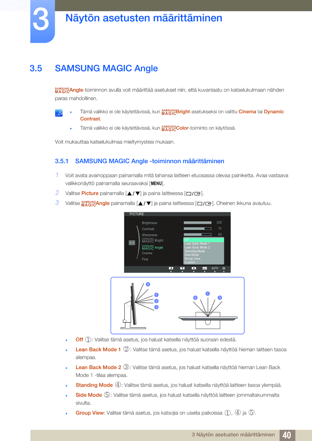 Samsung LS24B420BWV/EN, LS19B420BWV/EN, LS22B420BWV/EN manual Samsung Magic Angle -toiminnon määrittäminen 