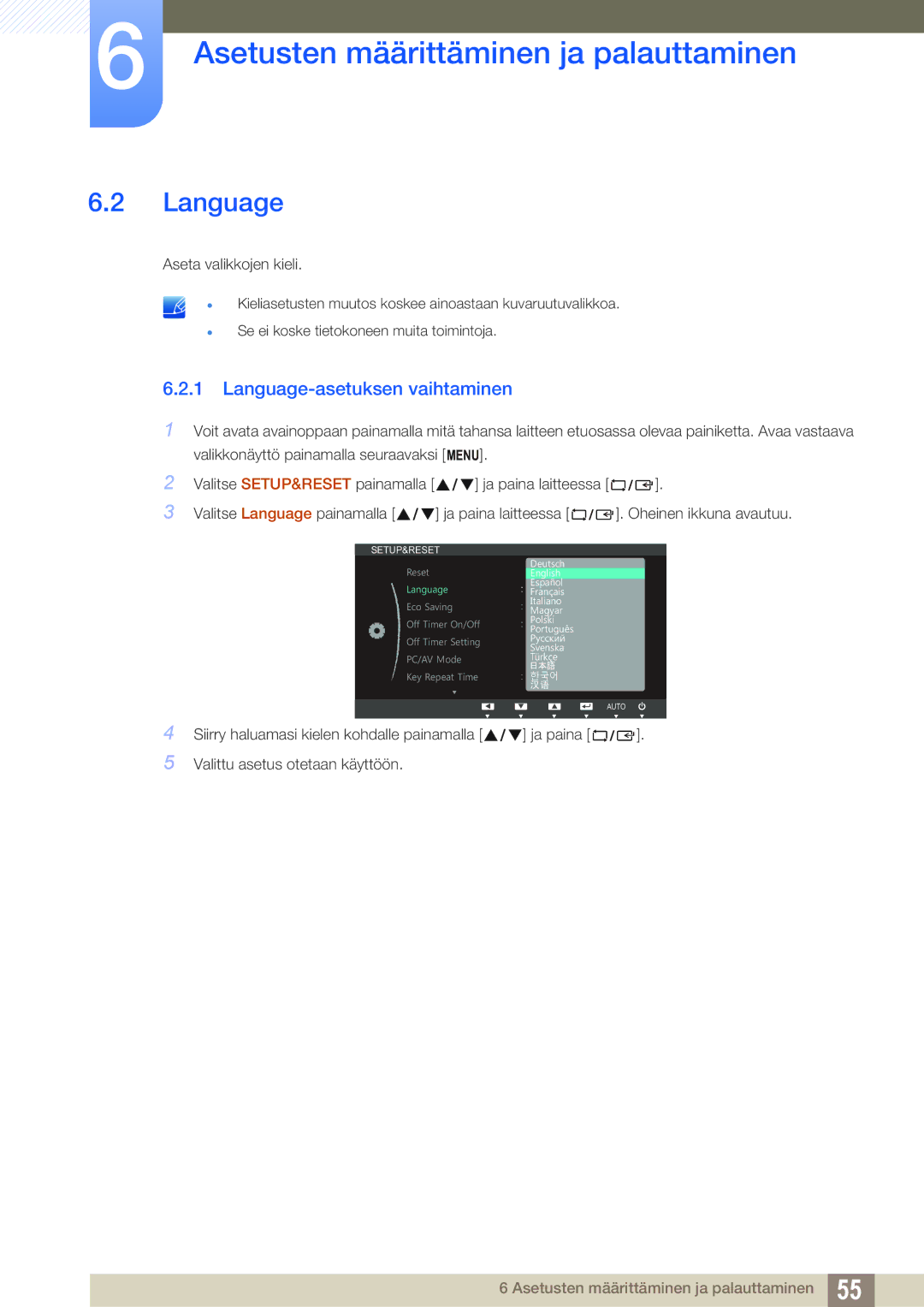 Samsung LS24B420BWV/EN, LS19B420BWV/EN, LS22B420BWV/EN manual Language-asetuksen vaihtaminen 